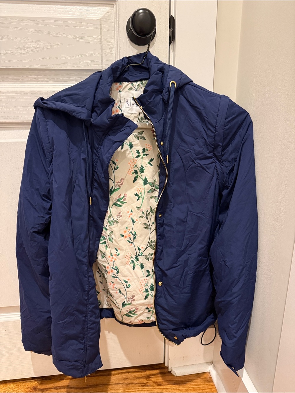 A.Putnam Fait Tous Jacket Navy Blue Hooded Jacket with Floral Lining